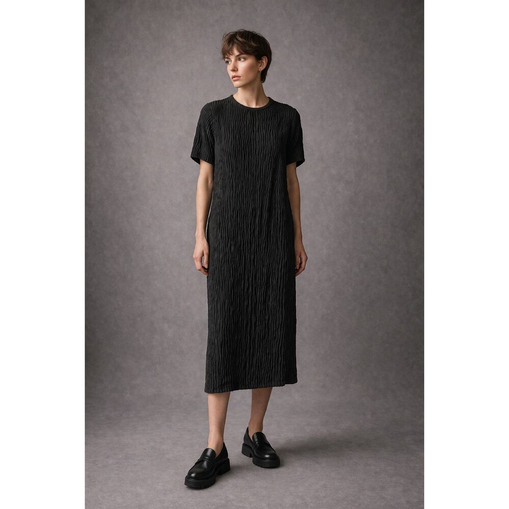 VTG Leslie Fay Black Crinkle Midi Dress Sz 10 Union Made Scandi 90’s Minimalist